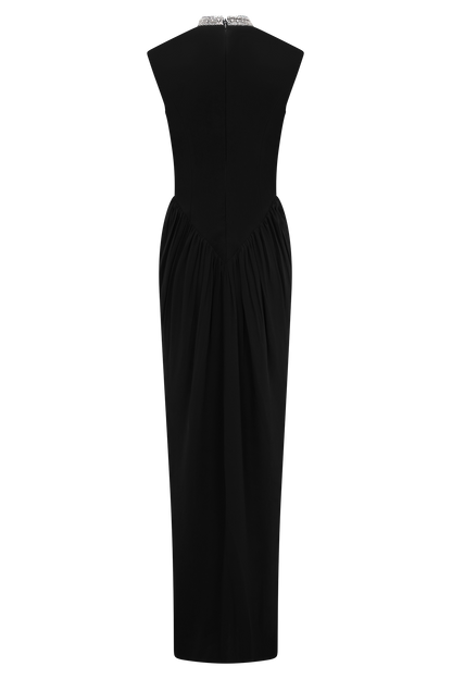 Elisa Diamante Neck Maxi Dress - Black