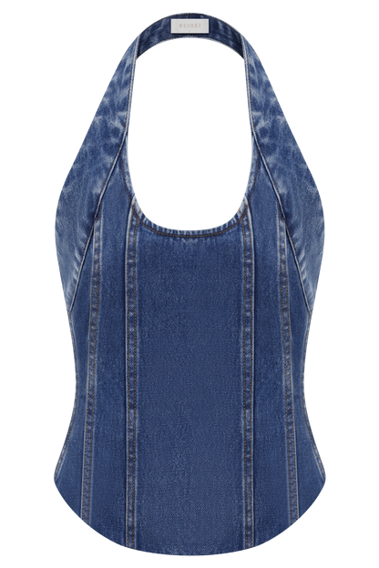 Meadow Denim Corset Halter Top - Dark Blue