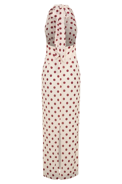 Nadine Halter Chiffon Maxi Dress - Ivory/Merlot Polka Dot