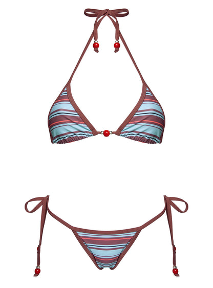 Mikaya Beaded Triangle Bikini Top Blue / Brown Stripe