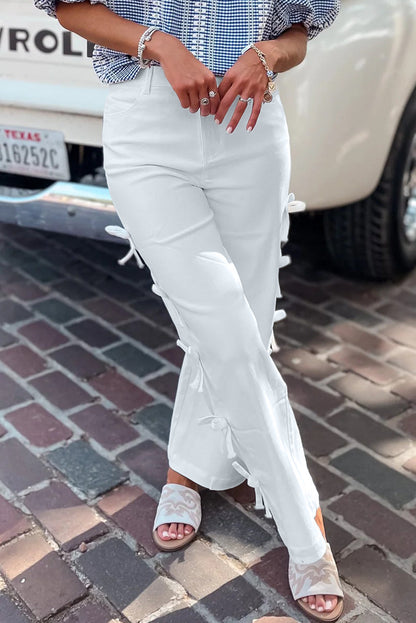 White Bow Knot Side Detail Straight Leg Loose Jeans