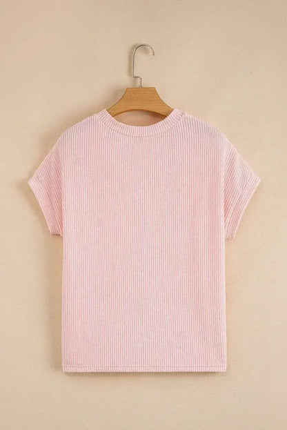 Pink Corded Colorblock Pocket Crew Neck T Shirt