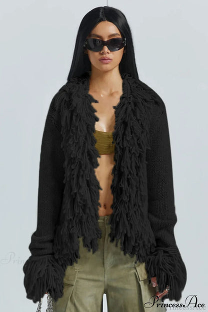 Solid Color Knit Fringe Loose Long Sleeve Cardigan