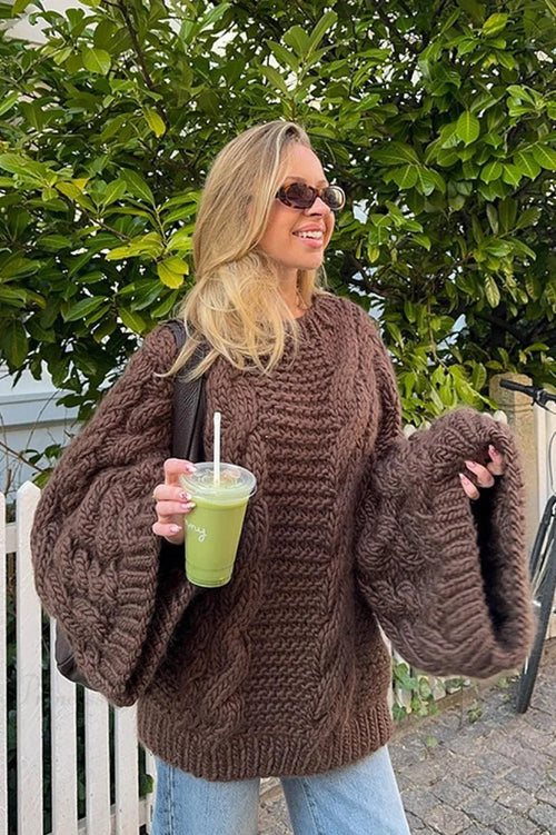 Vintage Loose Comfortable Crew Neck Wide Sleeve Cable Sweater