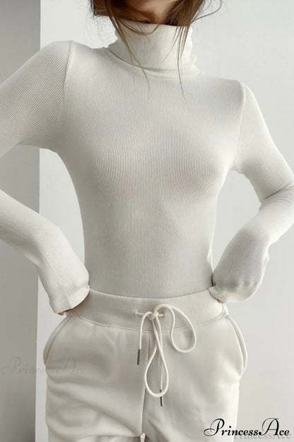 White Turtleneck Slim Knit Long Sleeve Tee